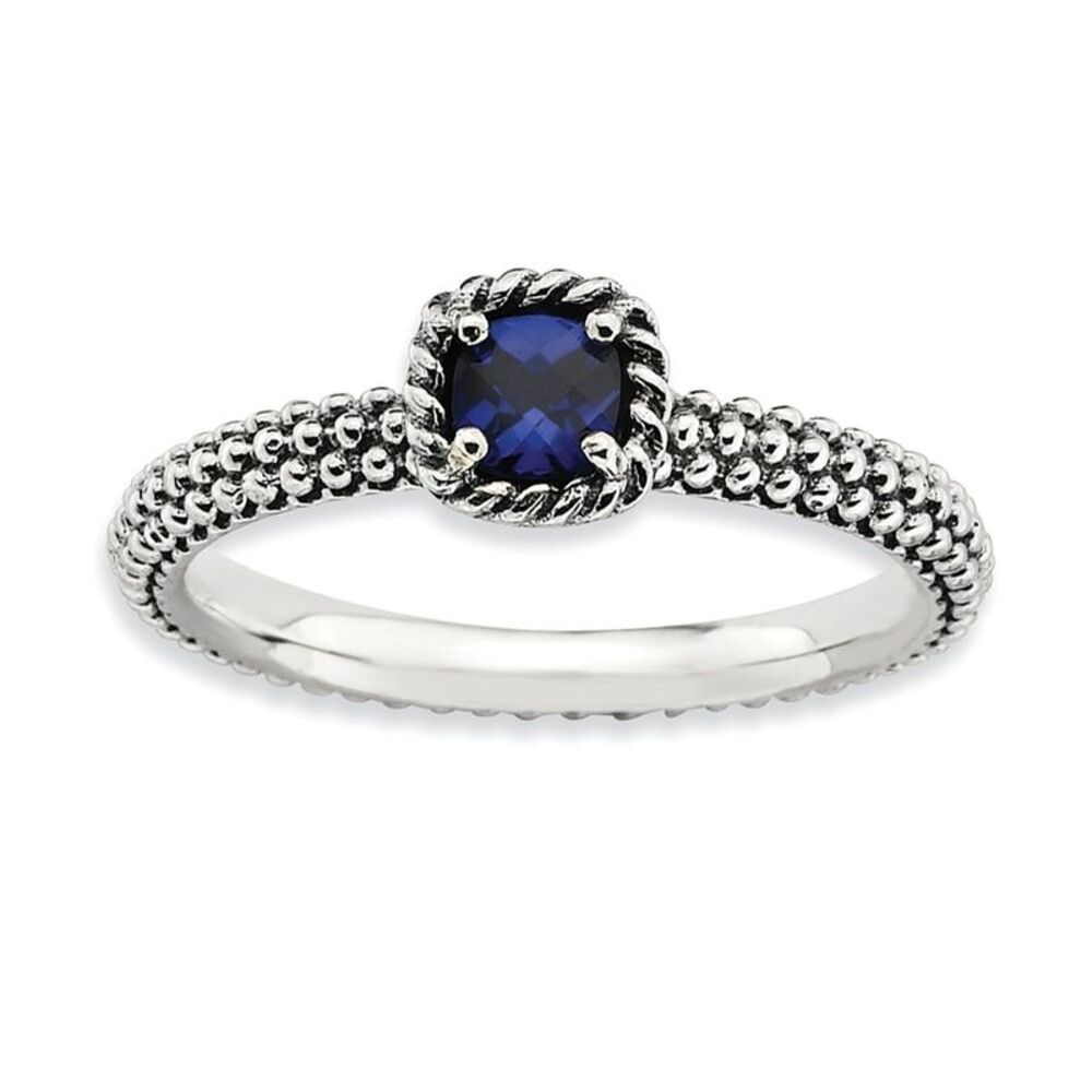 Antiqued Sterling Silver Stackable Created Sapphire Ring, Size 9